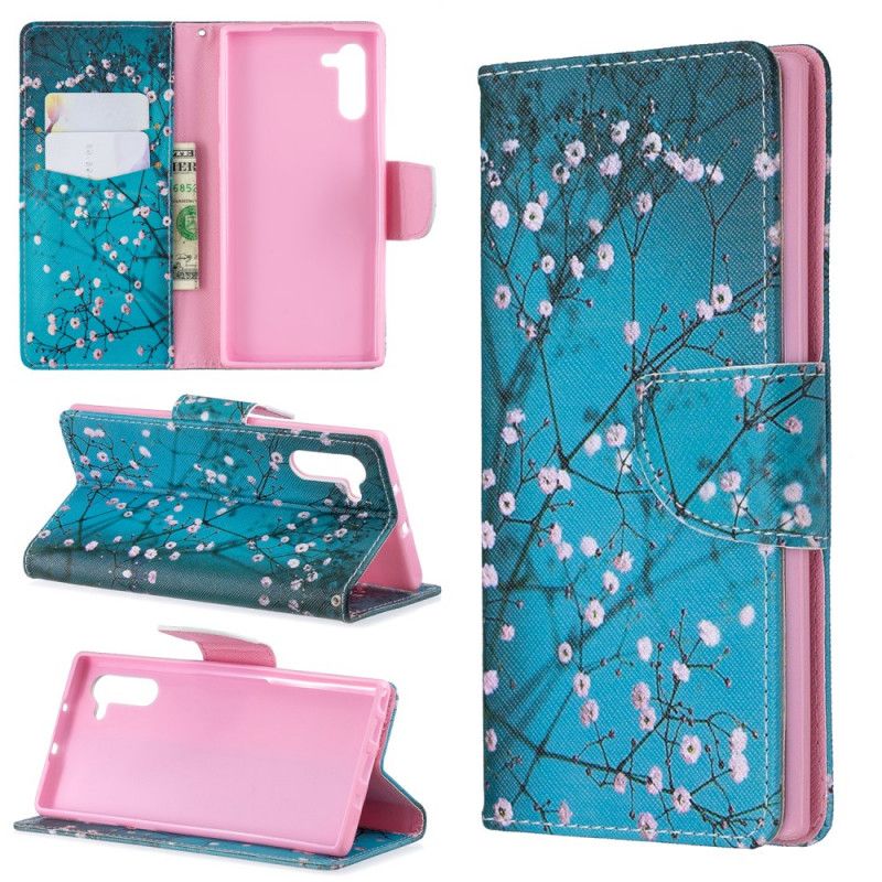 Leren Hoesje Samsung Galaxy Note 10 Azuurblauwe Bloeiende Boom