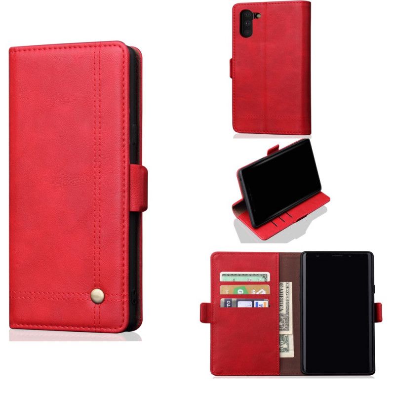 Leren Hoesje Samsung Galaxy Note 10 Rood Zwart Gestikt Leereffect