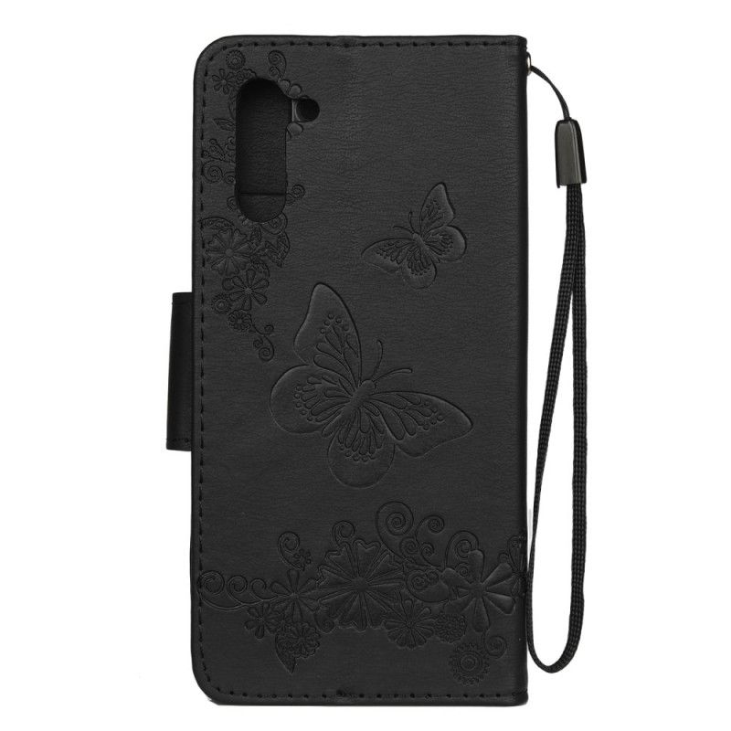 Leren Hoesje voor Samsung Galaxy Note 10 Grijs Zwart Prachtige String Vlinders