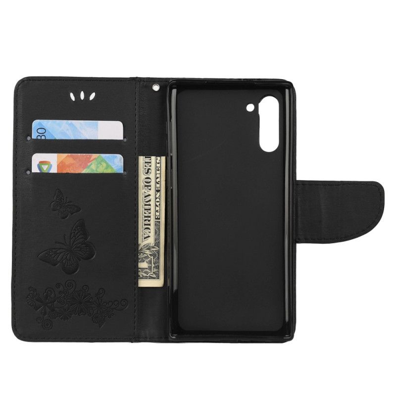 Leren Hoesje voor Samsung Galaxy Note 10 Grijs Zwart Prachtige String Vlinders