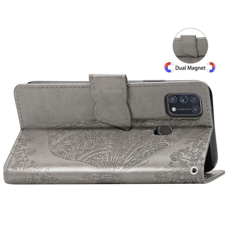 Leren Hoesje voor Samsung Galaxy M31 Grijs Halve Vlinders