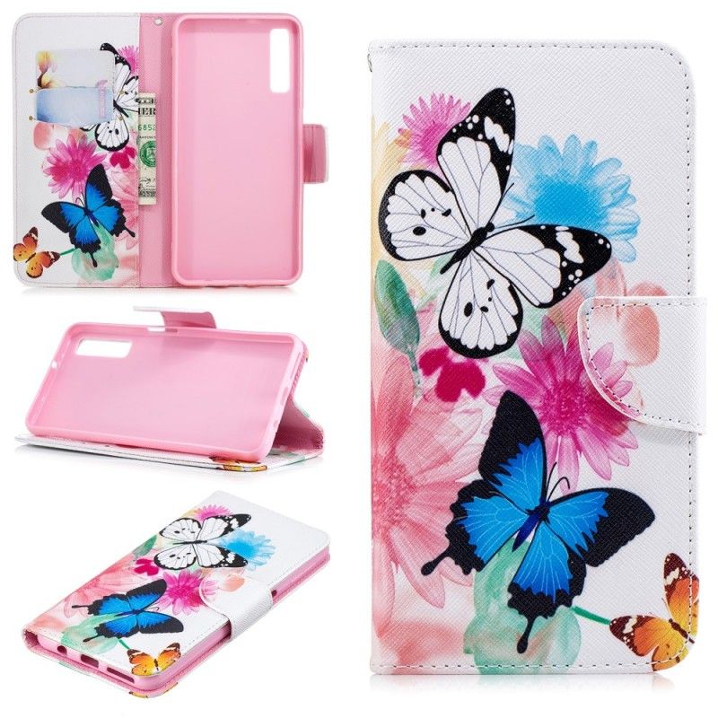 Flip Case Leren Samsung Galaxy A7 Lichtblauw Roze Geschilderde Vlinders En Bloemen