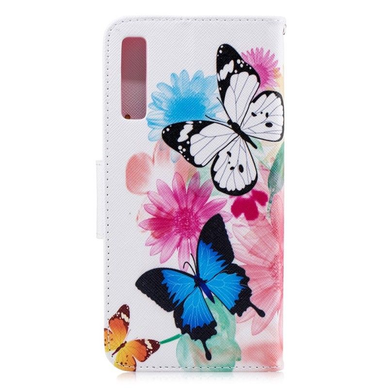Flip Case Leren Samsung Galaxy A7 Lichtblauw Roze Geschilderde Vlinders En Bloemen