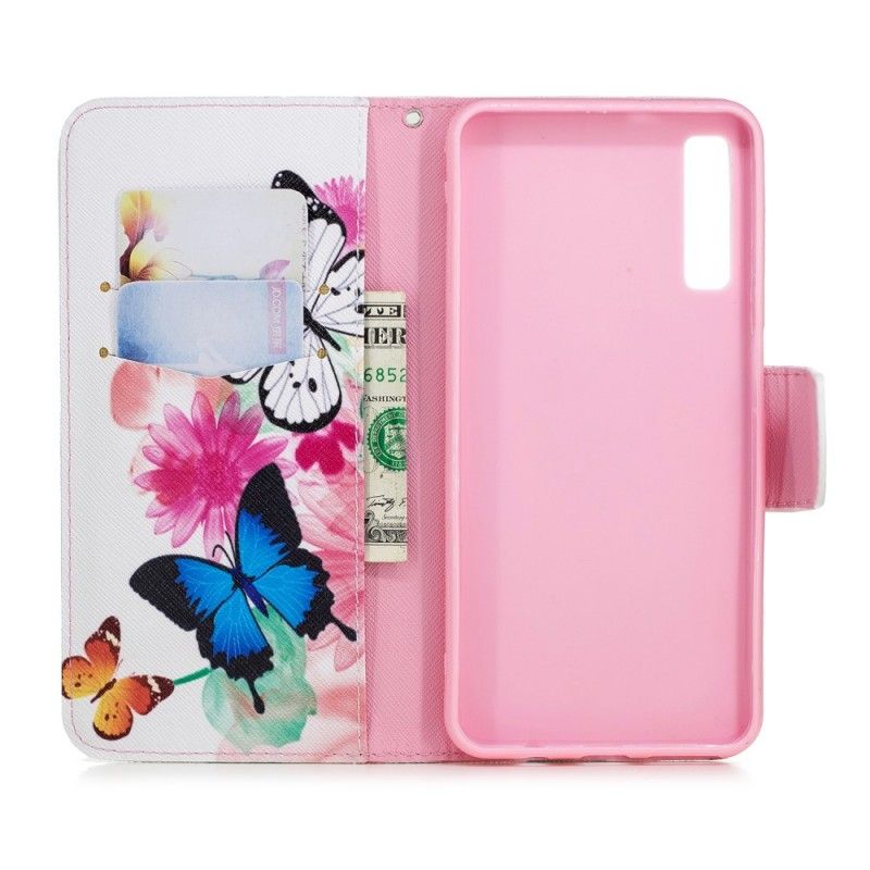 Flip Case Leren Samsung Galaxy A7 Lichtblauw Roze Geschilderde Vlinders En Bloemen