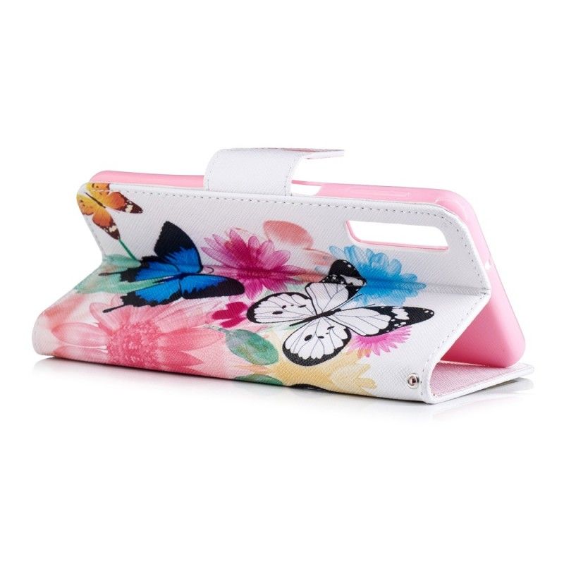 Flip Case Leren Samsung Galaxy A7 Lichtblauw Roze Geschilderde Vlinders En Bloemen
