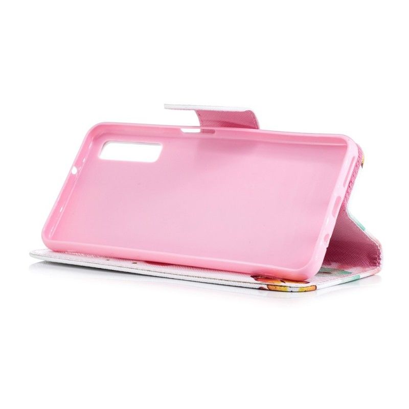 Flip Case Leren Samsung Galaxy A7 Lichtblauw Roze Geschilderde Vlinders En Bloemen