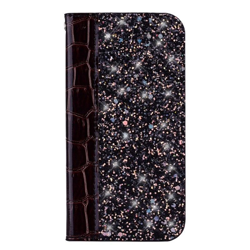 Folio-hoesje voor Samsung Galaxy A7 Wit Zwart Krokodillenleer En Glittereffect