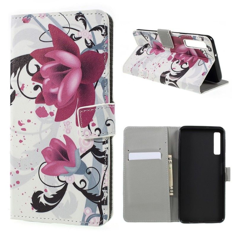 Leren Hoesje Samsung Galaxy A7 Roze Magenta Tropische Bloemen
