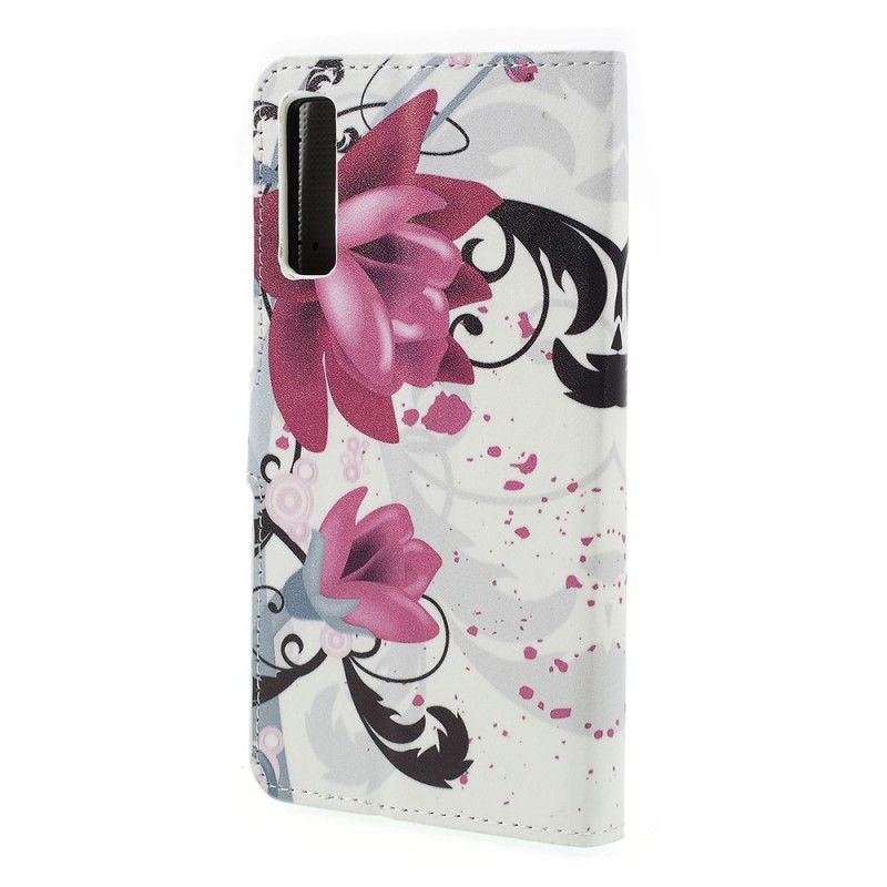 Leren Hoesje Samsung Galaxy A7 Roze Magenta Tropische Bloemen