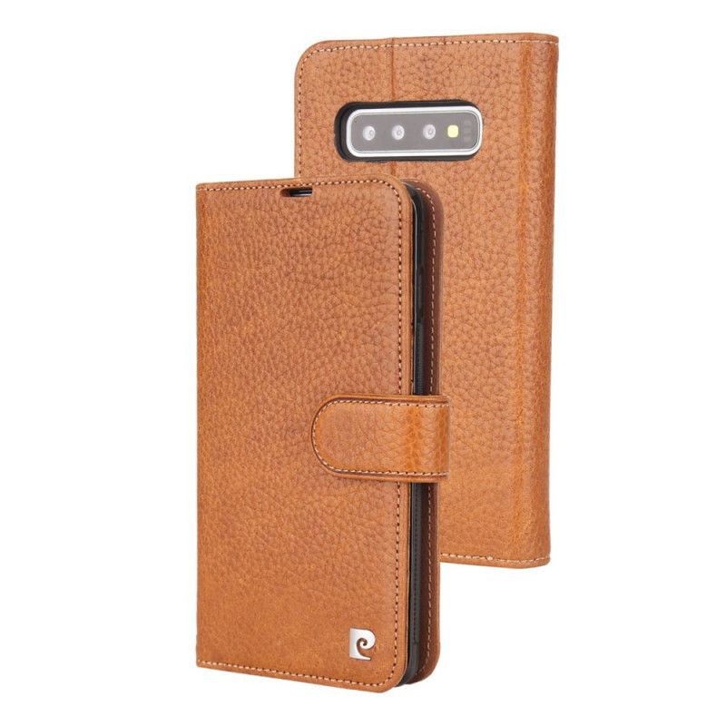 Bescherming Hoesje Samsung Galaxy S10 Bruin Zwart Echt Pierre Cardin Lychee Leer