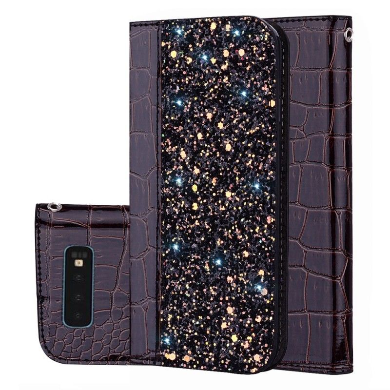 Folio-hoesje Samsung Galaxy S10 Wit Zwart Krokodillenleer-Effect En Pailletten