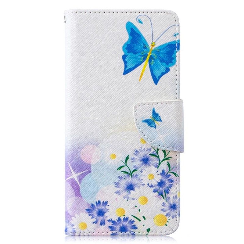 Leren Hoesje Samsung Galaxy S10 Lichtblauw Magenta Telefoonhoesje Geschilderde Vlinders En Bloemen