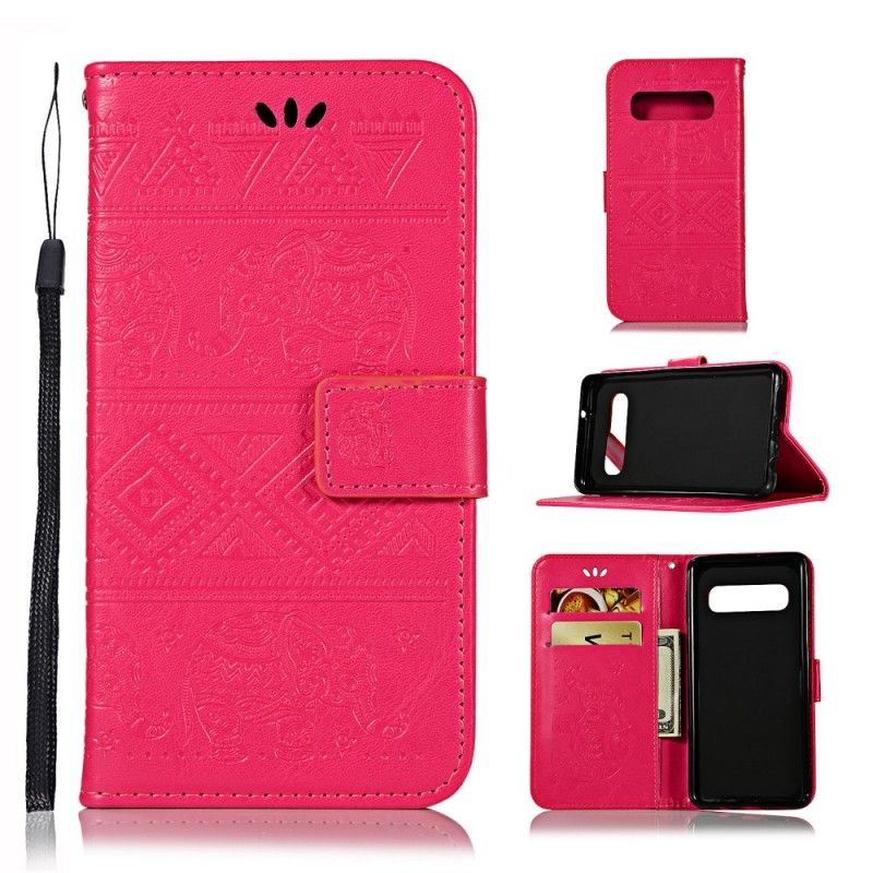 Leren Hoesje voor Samsung Galaxy S10 Donkerblauw Magenta Kunstleer Tribale Olifanten