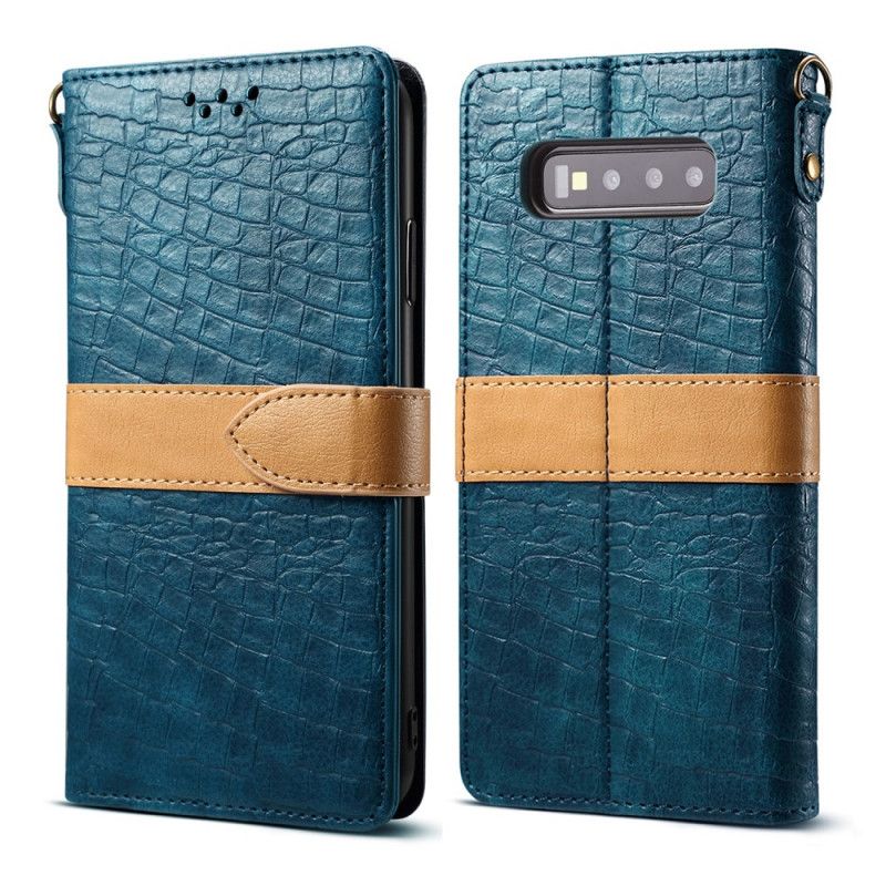 Leren Hoesje voor Samsung Galaxy S10 Donkerblauw Zwart Krokodil En Riem