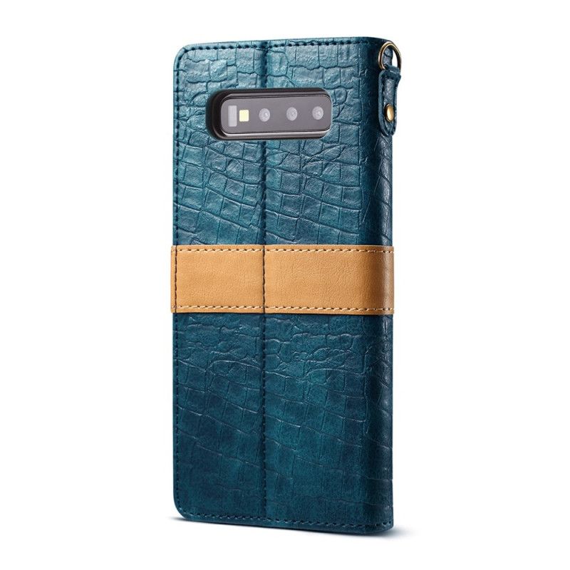 Leren Hoesje voor Samsung Galaxy S10 Donkerblauw Zwart Krokodil En Riem