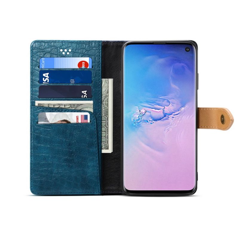 Leren Hoesje voor Samsung Galaxy S10 Donkerblauw Zwart Krokodil En Riem