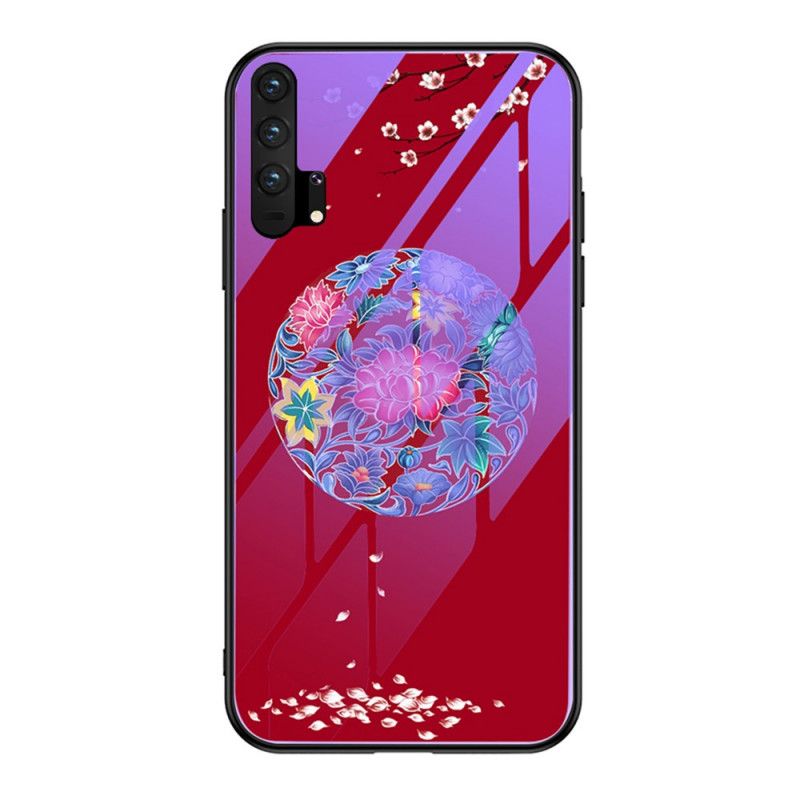 Cover Hoesje Honor 20 Pro Paars Rood Telefoonhoesje Gehard Glas Met Fluorescerend Patroon