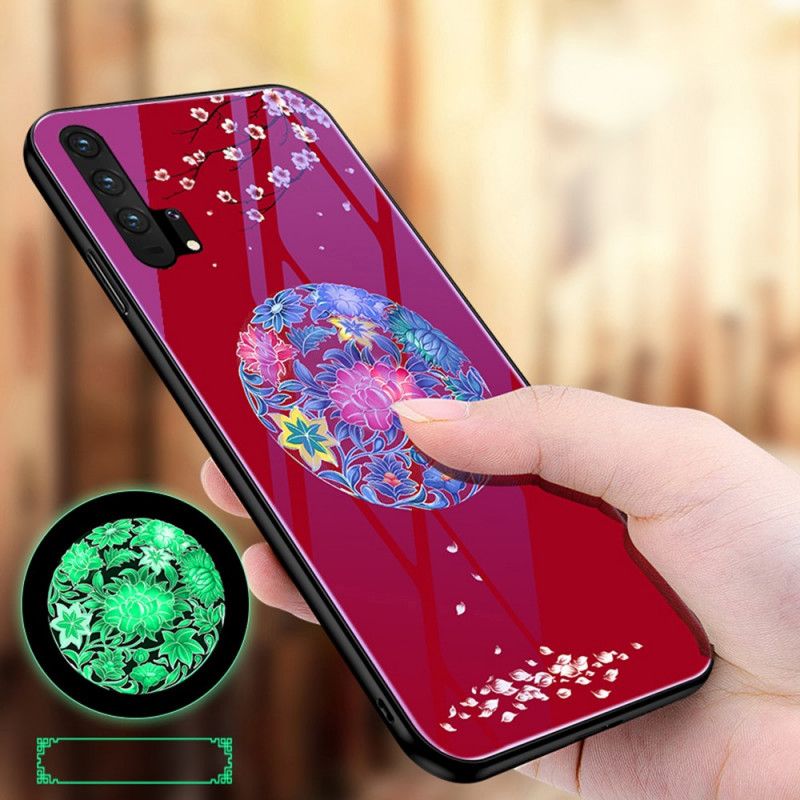 Cover Hoesje Honor 20 Pro Paars Rood Telefoonhoesje Gehard Glas Met Fluorescerend Patroon