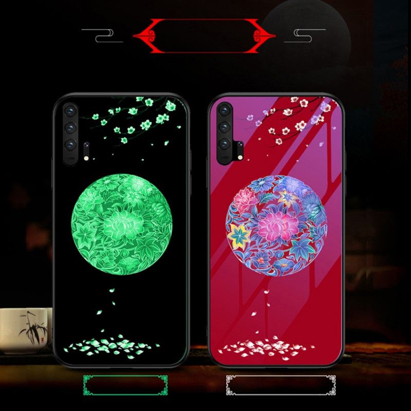 Cover Hoesje Honor 20 Pro Paars Rood Telefoonhoesje Gehard Glas Met Fluorescerend Patroon