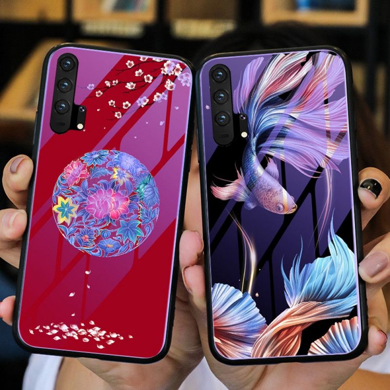 Cover Hoesje Honor 20 Pro Paars Rood Telefoonhoesje Gehard Glas Met Fluorescerend Patroon