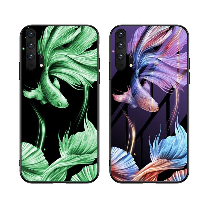 Cover Hoesje Honor 20 Pro Paars Rood Telefoonhoesje Gehard Glas Met Fluorescerend Patroon