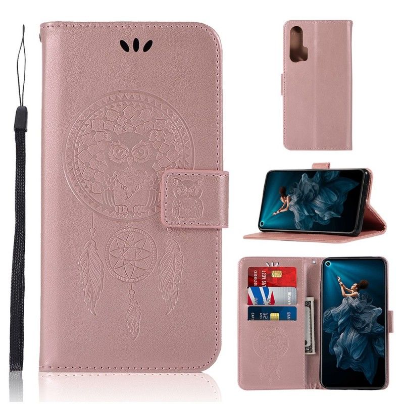Leren Hoesje Honor 20 Pro Goud Zwart Telefoonhoesje Uil Dromenvanger Met Leereffect