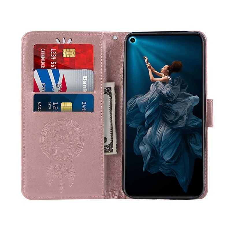 Leren Hoesje Honor 20 Pro Goud Zwart Telefoonhoesje Uil Dromenvanger Met Leereffect