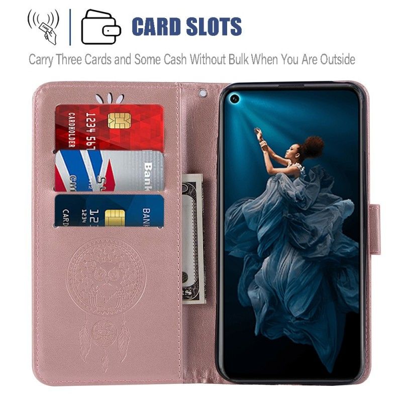 Leren Hoesje Honor 20 Pro Goud Zwart Telefoonhoesje Uil Dromenvanger Met Leereffect