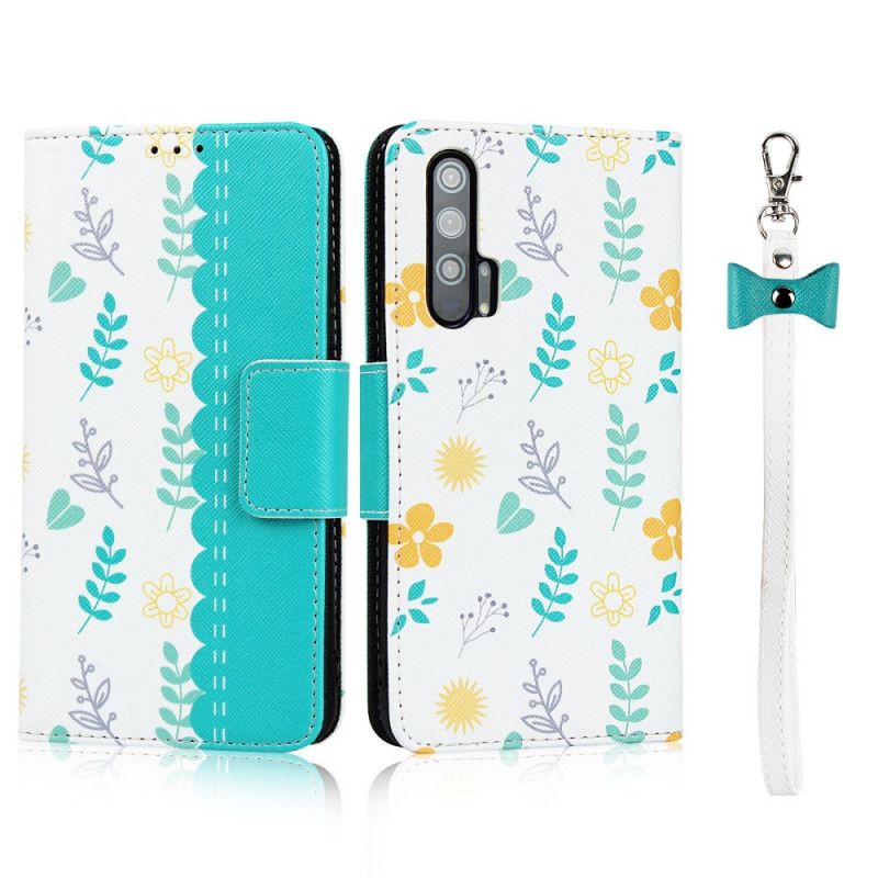 Leren Hoesje voor Honor 20 Pro Cyaan Magenta String Roosjes