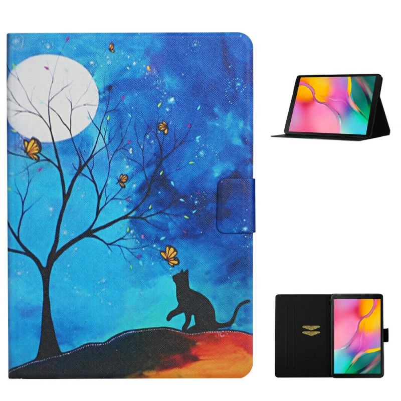 Leren Hoesje Samsung Galaxy Tab A7 Donkerblauw Geel Telefoonhoesje Boom Met Maan En Zon