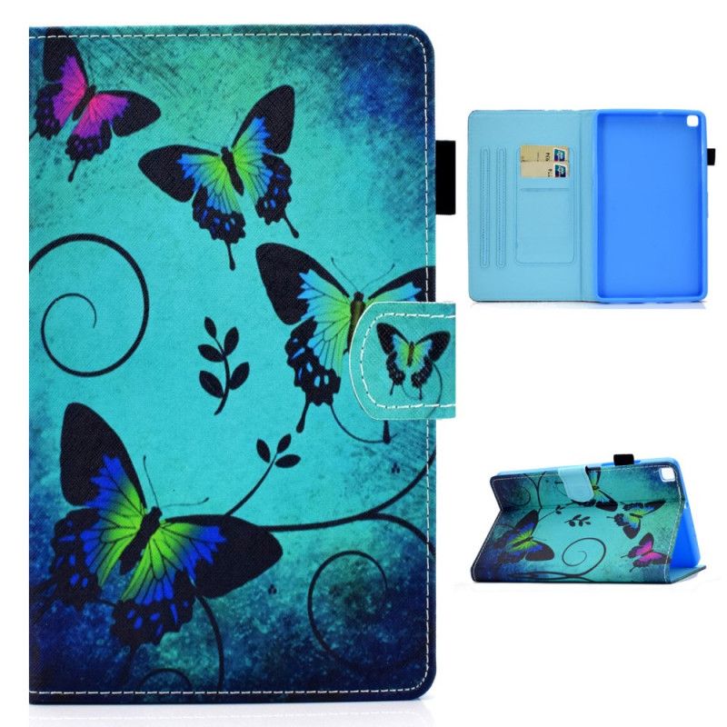 Leren Hoesje Samsung Galaxy Tab A7 Turkoois Zwart Unieke Vlinders