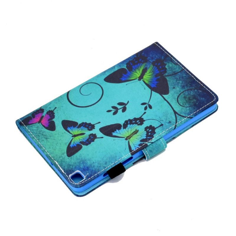 Leren Hoesje Samsung Galaxy Tab A7 Turkoois Zwart Unieke Vlinders