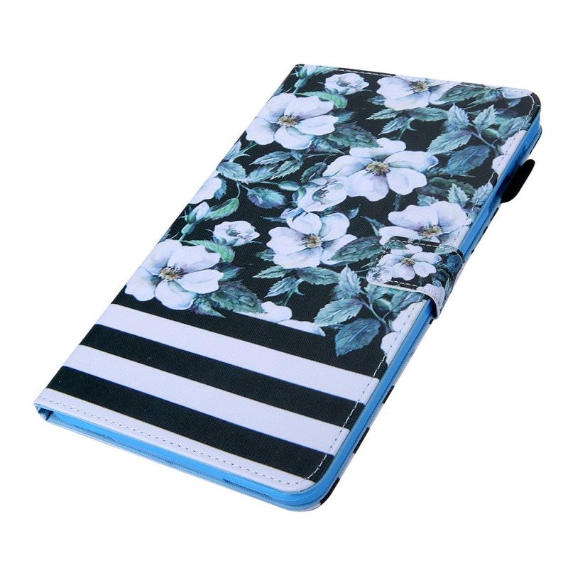 Leren Hoesje Samsung Galaxy Tab A7 Wit Zwart Bloemmotief