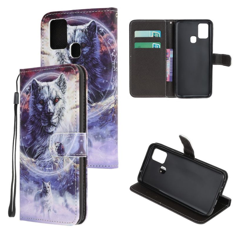 Flip Case Leren Huawei P Smart 2020 Wolf In De Winter Met String