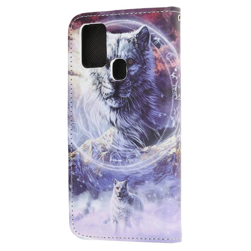 Flip Case Leren Huawei P Smart 2020 Wolf In De Winter Met String