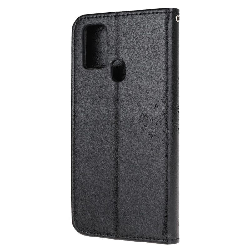 Leren Hoesje Huawei P Smart 2020 Grijs Zwart Boom En String Uilen