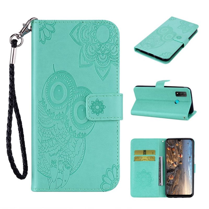 Leren Hoesje Huawei P Smart 2020 Rood Grijs Uil Mandala En String