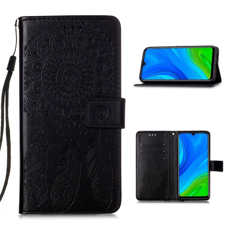 Leren Hoesje voor Huawei P Smart 2020 Grijs Zwart Dromenvangerprint En String