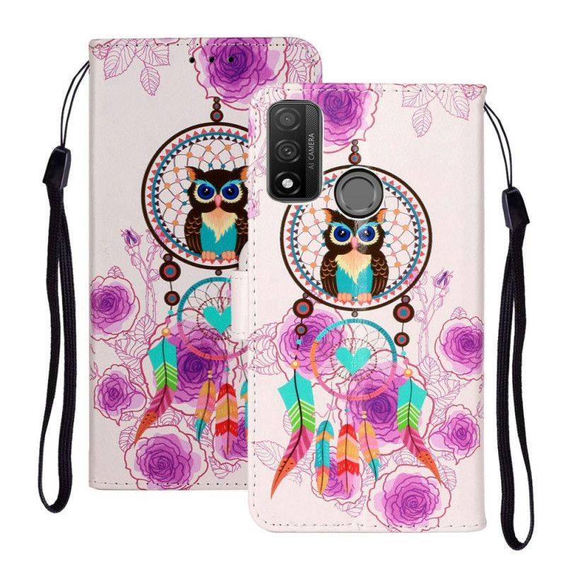 Leren Hoesje voor Huawei P Smart 2020 Uil Dromenvanger Met Bloemen