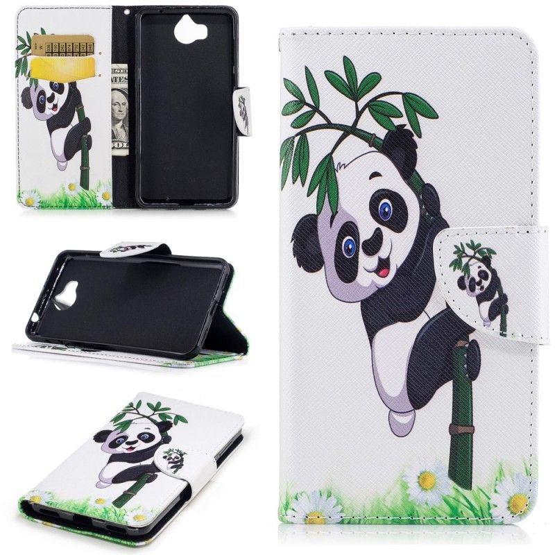 Leren Hoesje voor Huawei Y6 2017 Panda Op Bamboe