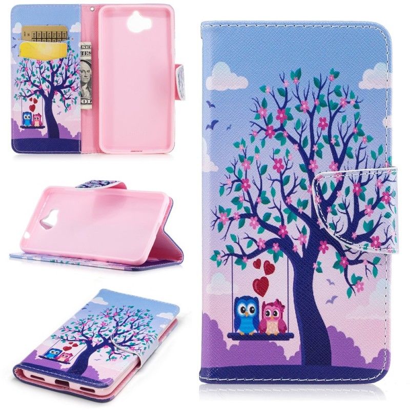 Leren Hoesje voor Huawei Y6 2017 Uilen Op De Schommel