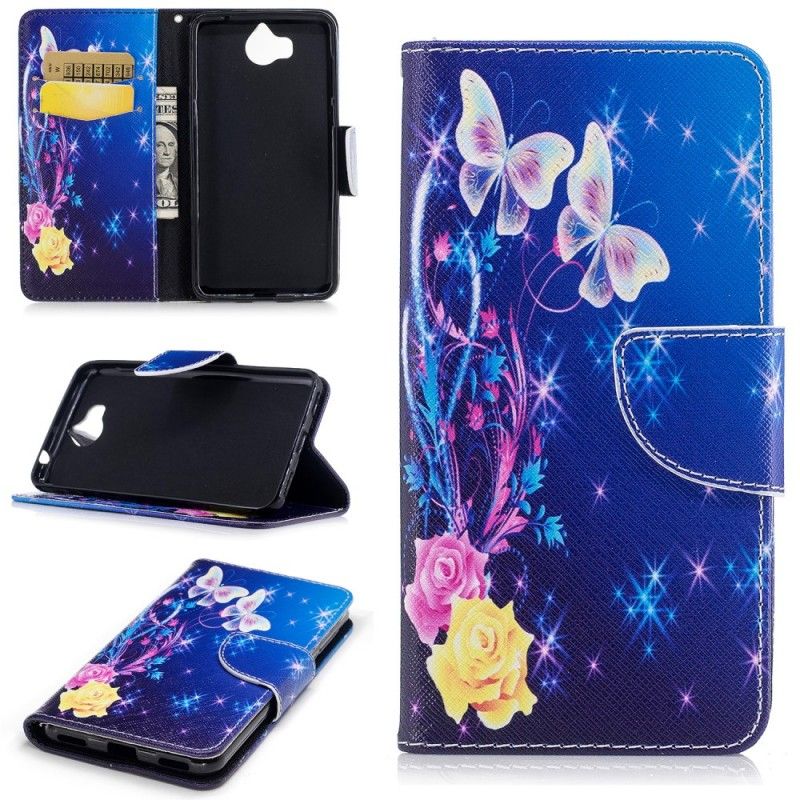 Leren Hoesje voor Huawei Y6 2017 Vlinders In De Nacht