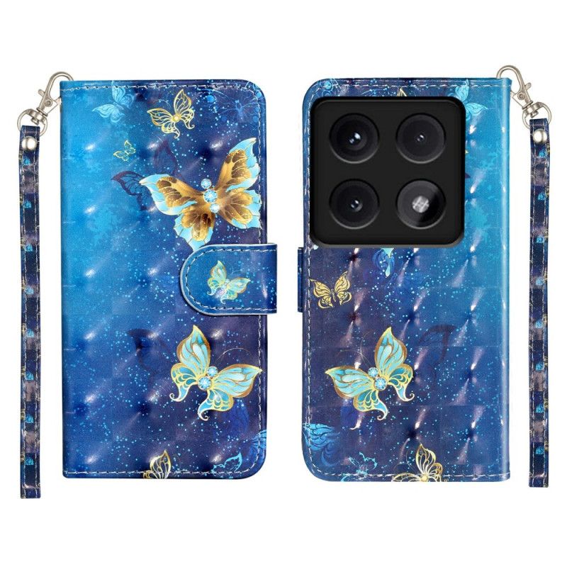 Leren Hoesje Voor Xiaomi 14t Blauwe En Gouden Vlinders Met Riem