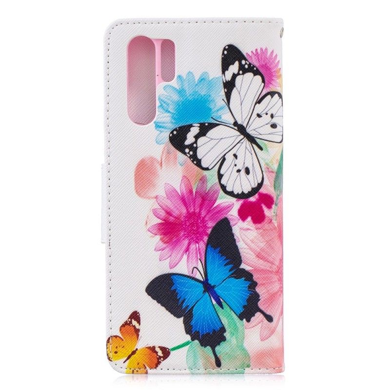 Leren Hoesje Huawei P30 Pro Geschilderde Vlinders En Bloemen