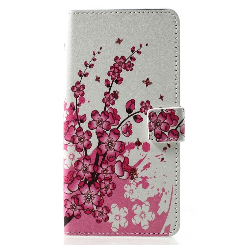 Leren Hoesje Huawei P30 Pro Paars Roze Telefoonhoesje Tropische Bloemen