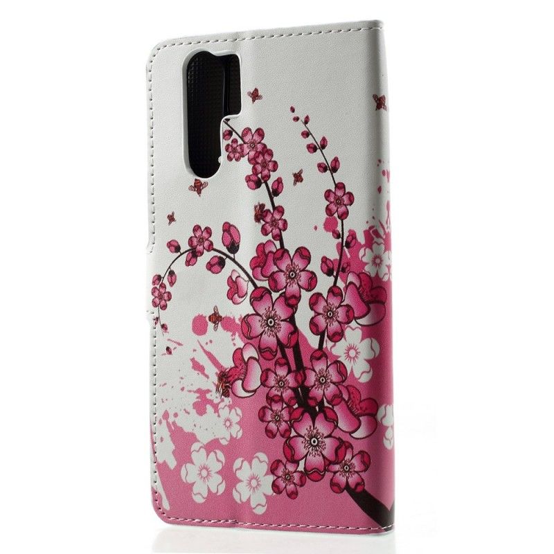 Leren Hoesje Huawei P30 Pro Paars Roze Telefoonhoesje Tropische Bloemen
