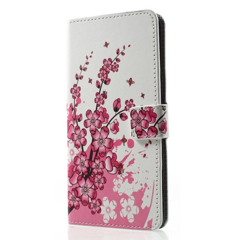 Leren Hoesje Huawei P30 Pro Paars Roze Telefoonhoesje Tropische Bloemen