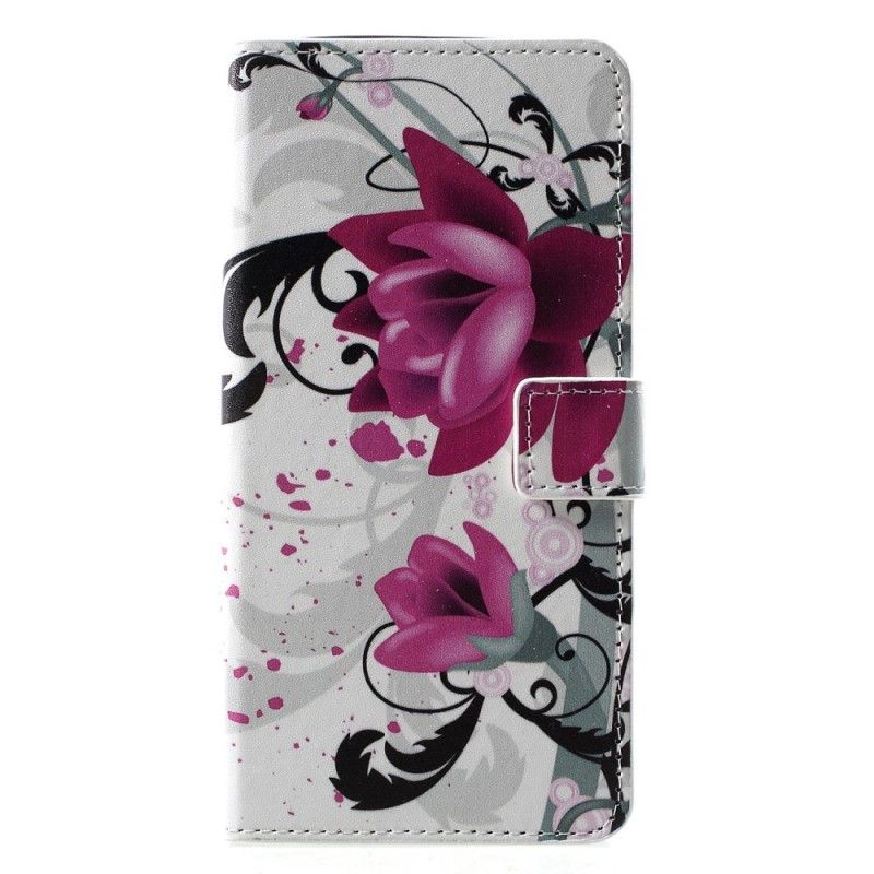 Leren Hoesje Huawei P30 Pro Paars Roze Telefoonhoesje Tropische Bloemen
