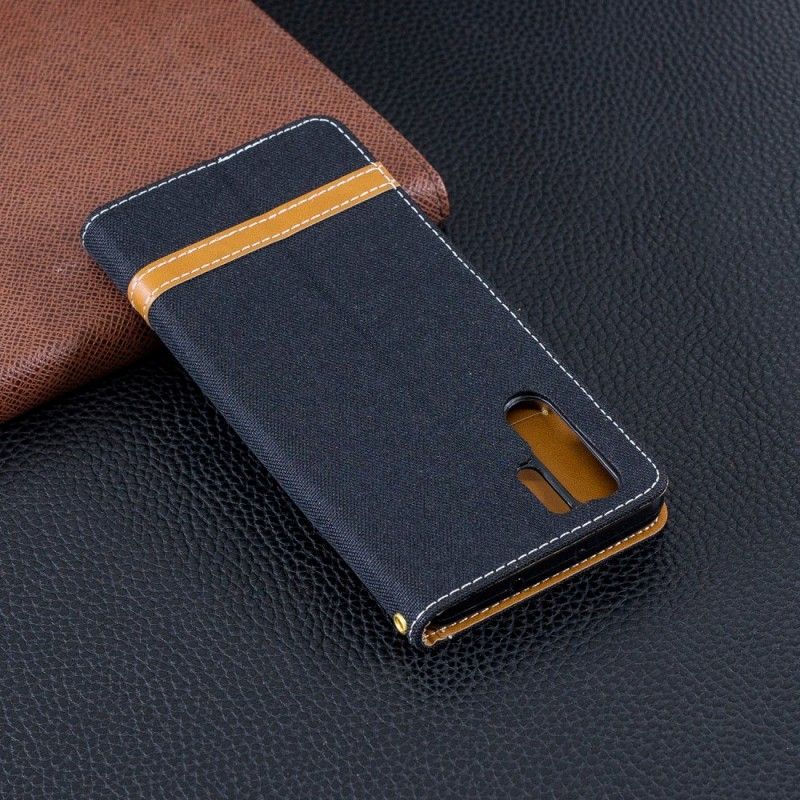 Leren Hoesje voor Huawei P30 Pro Grijs Zwart Stof En Leereffect Met String