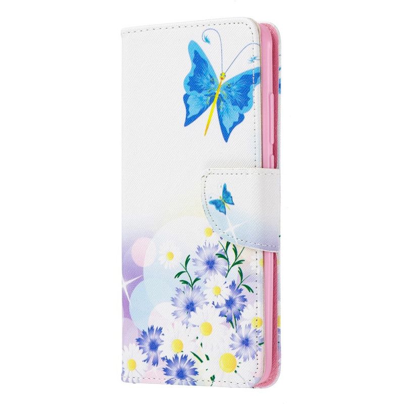 Leren Hoesje voor Xiaomi Mi 9T / Mi 9T Pro Lichtblauw Geschilderde Vlinders En Bloemen